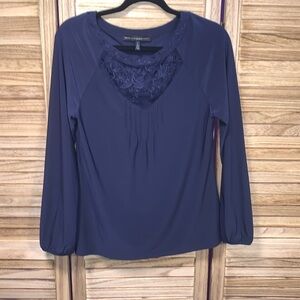 White House Black Market Polyester Blouse Embroidery Navy Blue Long Sleeve S